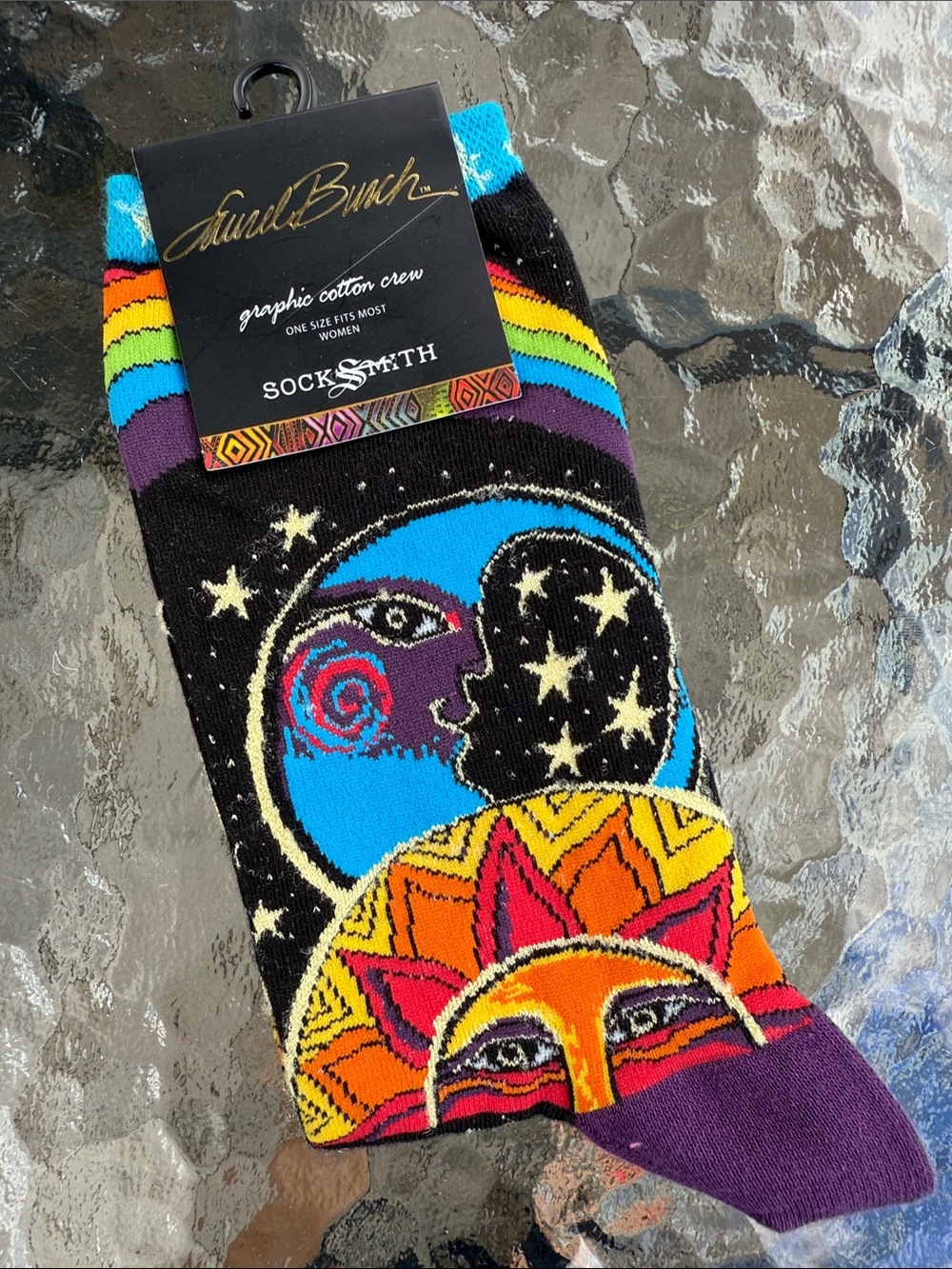 Laurel Burch Black Crew Socks with Rainbow Sun & Moon Motif